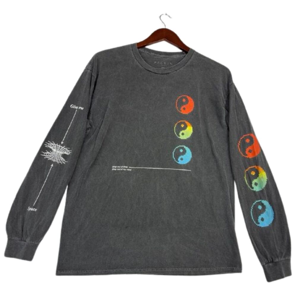 PacSun Time & Space Long Sleeve T Shirt Men's M Gray Yin Yang Skeleton Graphic